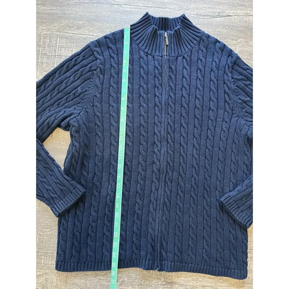 LL Bean Sweater Full Zip Men’s Sz 1X Holiday Cable Knit Blue 100% Cotton 251834